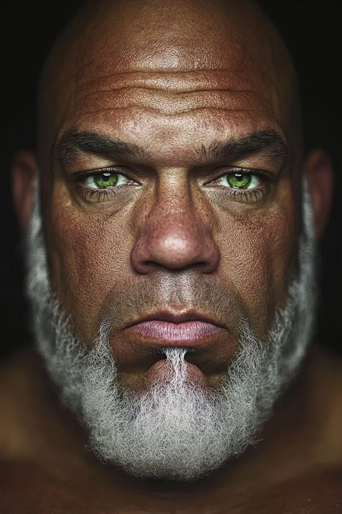 A close-up portrait of a man with a shaved head and a thick, white beard. He has a serious expression on his face, with deep wrinkles around his eyes and a furrowed brow. His piercing green eyes gaze intensely at the viewer. The lighting is soft and shadows accentuate the contours of his face. The image conveys a sense of strength and determination.