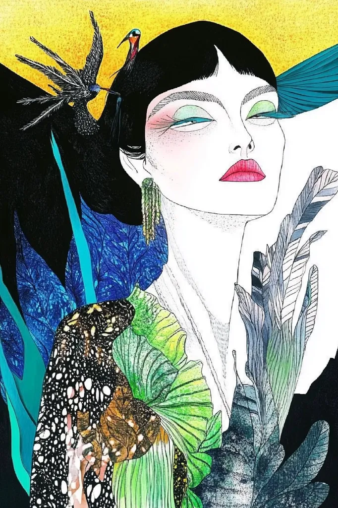 A woman with dark hair and a bird perched on her head looks to the side. Her eyes are outlined with green and her lips are a bright red. She wears a large, ornate earring. She is surrounded by a colorful, swirling backdrop of stylized plants and feathers. The background is yellow and black. The image has a dreamlike, surreal quality.