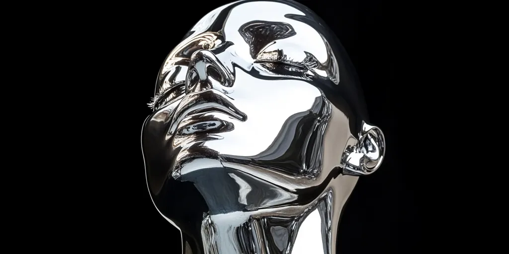 The image shows a close-up of a chrome-plated mannequin head, tilted back, with its eyes closed. The smooth, reflective surface captures light and shadows, creating a stark contrast against the black background. The mannequin's features, while realistic, are stylized and slightly distorted, suggesting a sense of otherworldliness or artificiality. The image evokes a sense of both beauty and eeriness, highlighting the uncanny valley effect.