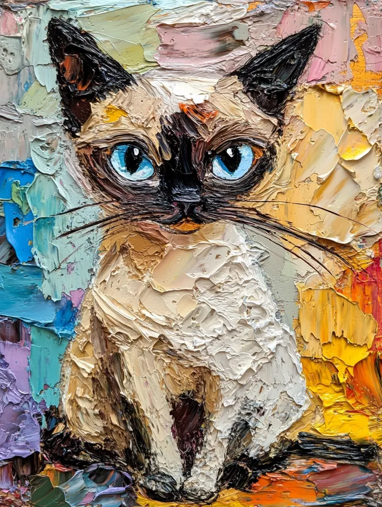 The painting depicts a Siamese cat sitting on a colorful background. The cat has blue eyes and a black nose, and its fur is a mix of white and tan. The background is a mix of bright colors, including blue, green, yellow, and orange. The artist used thick, textured brushstrokes to create a dynamic and expressive painting. The cat's gaze is direct and intense, creating a sense of connection with the viewer. The overall effect of the painting is vibrant and energetic.