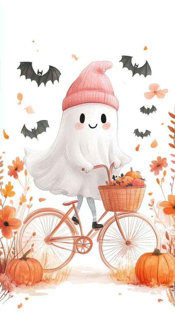 A friendly ghost wearing a pink hat is riding a bicycle with a basket filled with pumpkins. It's a watercolor illustration with a whimsical autumn aesthetic. Bats fly around, and the background features delicate flowers and leaves in shades of orange and pink. The ghost has a cheerful expression, adding to the playful and charming scene.