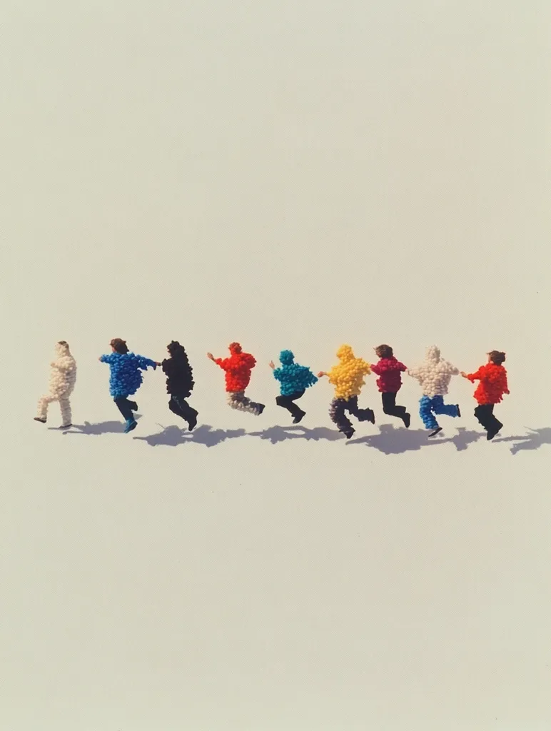 Nine figures are running across a white background. The figures are dressed in colorful clothing, including a white, blue, black, red, blue, yellow, pink, blue, and yellow. The figures are all in a line, and their shadows are stretched behind them. The figures are small and appear to be made of beads.  The image has a whimsical and playful feel.