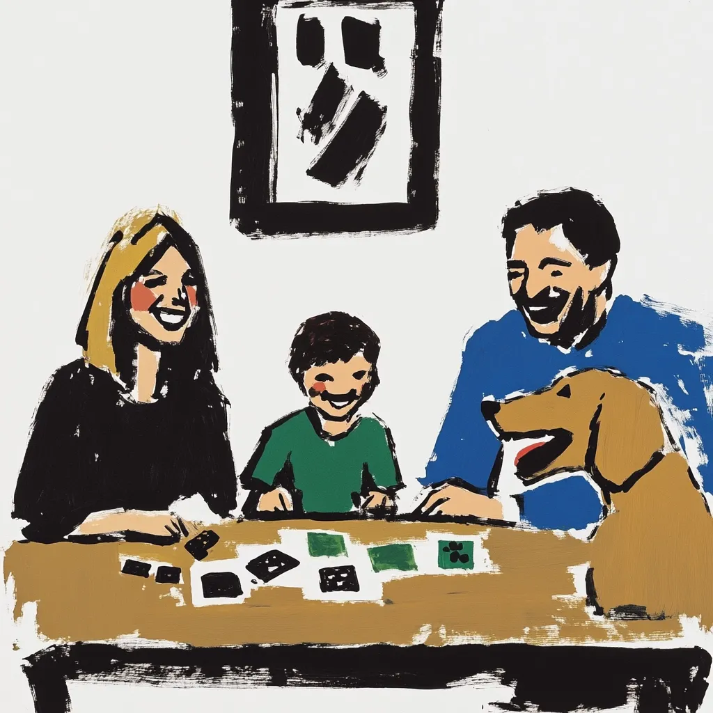 A family sits around a table playing a game. The mother is on the left, the father on the right, and their son in between them. There are cards scattered on the table, and a dog sits beside the father, looking at the cards. The family is smiling and having a good time. The artwork is painted in a loose and expressive style, with bold colors and brushstrokes.
