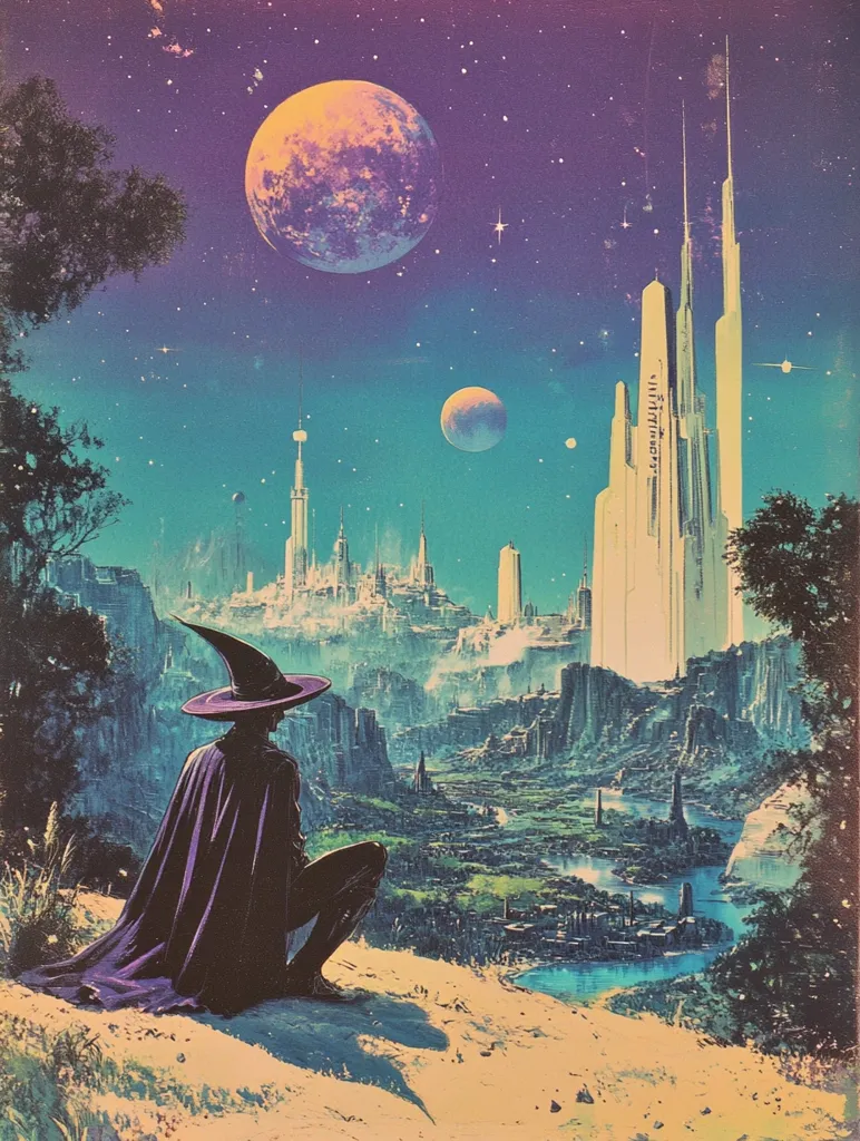 A figure in a purple cloak and wide-brimmed hat sits on a hill overlooking a futuristic city. The city is built into a rocky landscape, with towering structures reaching towards a sky filled with stars and two large moons. The scene is bathed in a soft, purple light, giving it a dreamlike quality.