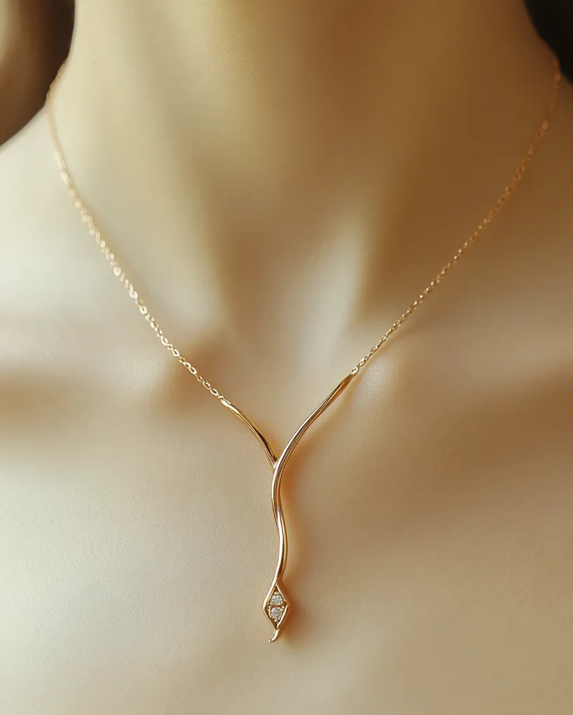 The image shows a gold necklace with a diamond-encrusted snake pendant. The necklace is worn by a person with fair skin, and the pendant hangs gracefully from their neck. The image focuses on the necklace and the pendant, creating a sense of elegance and sophistication. The smooth lines of the necklace and the sparkling diamonds add to the overall beauty of the piece. The image evokes a sense of luxury and refinement.