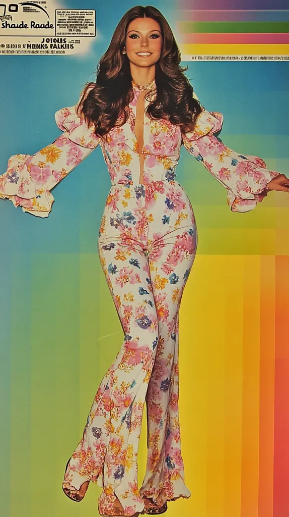 The image shows a woman with long brown hair wearing a white, pink and yellow floral jumpsuit. She is standing in front of a colorful background,  with a slight smile on her face and her arms outstretched.  Her outfit is typical of fashion trends in the 1970s.