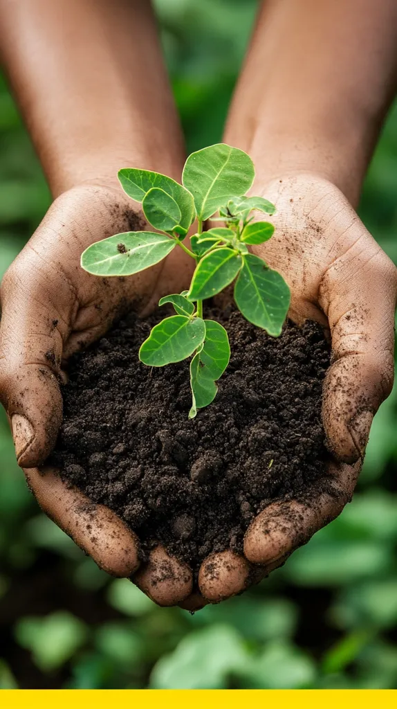 Two hands, cupped together, hold a small seedling with its roots nestled in rich, dark soil. The seedling is small and delicate, with a few leaves reaching towards the light. The hands are rough and calloused, suggesting that they have been working hard to nurture the plant. The background is a blurred green, which could represent the natural world or the hope for a future full of life. The image conveys a sense of growth, renewal, and hope.