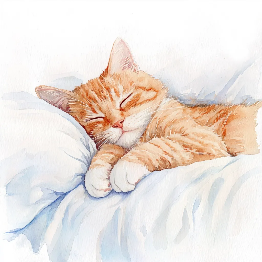 A ginger cat is peacefully sleeping on a white pillow. Its eyes are closed, and its paws are tucked beneath its chin. The cat's fur is soft and fluffy, and its whiskers are twitching slightly. The background is a light blue, suggesting a calm and serene atmosphere. The watercolor painting captures the sweet innocence and tranquility of a sleeping cat.