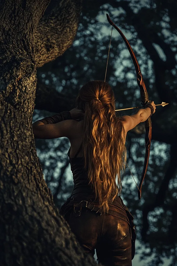 A woman with long flowing red hair stands in a forest, her back to the camera. She is holding a bow and arrow, her arm drawn back as if she is about to shoot. The woman is dressed in leather clothing and appears to be a skilled archer. The background is blurred, suggesting that she is focusing on her target. The image conveys a sense of power and focus.