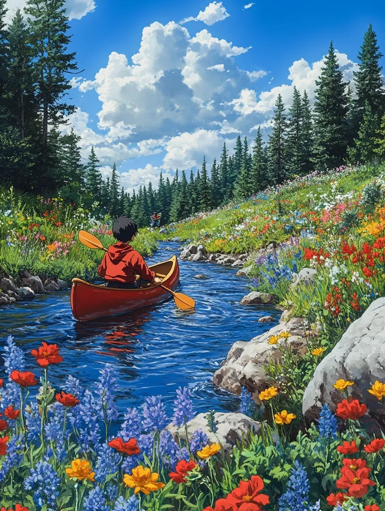 A lone figure in a red canoe paddles down a crystal clear river, surrounded by a vibrant tapestry of wildflowers and lush green trees. The sky above is a canvas of bright blue and fluffy white clouds, creating a serene and idyllic summer scene. The colors are vivid and inviting, capturing the essence of a peaceful and beautiful natural landscape.