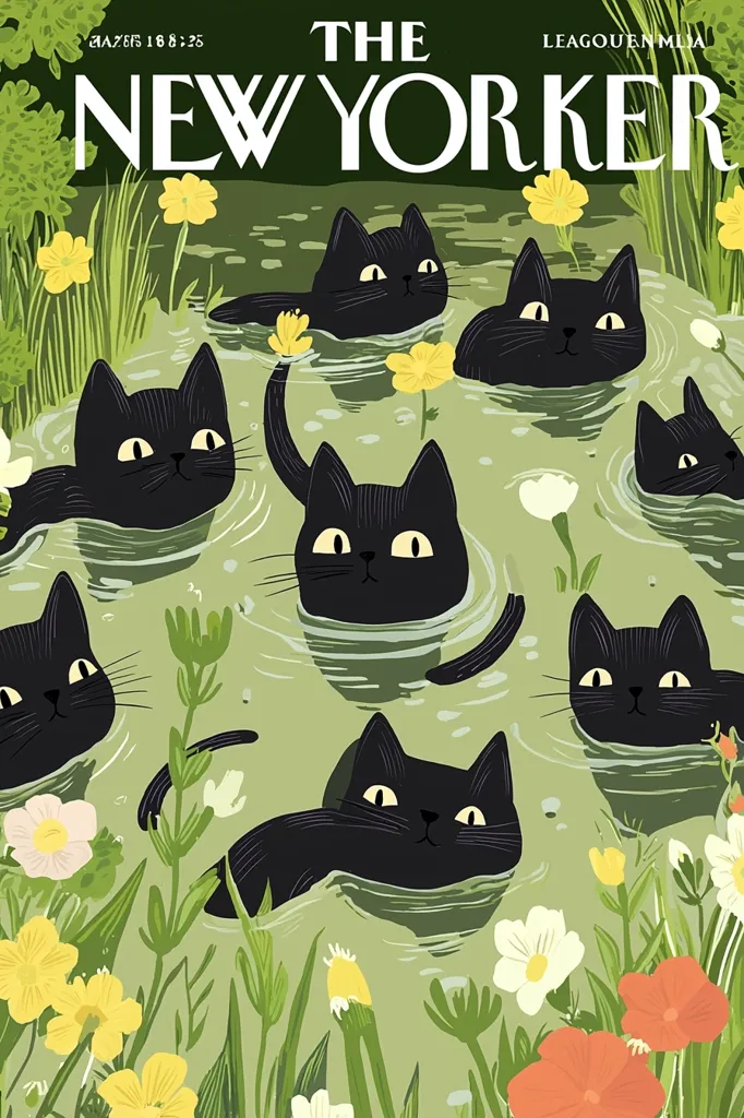 The New Yorker cover features a whimsical illustration of a pond filled with black cats swimming and enjoying the summer weather. The cats are surrounded by lush green foliage and bright flowers, creating a vibrant and playful scene. The title "The New Yorker" is prominent at the top, showcasing the magazine's iconic logo. The cover art evokes a sense of tranquility and lightheartedness, capturing the essence of a carefree summer day.