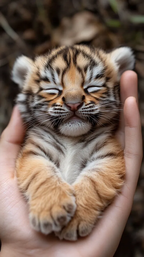 A tiny tiger cub with orange and black stripes sleeps peacefully in a human's hand. It's eyes are closed, and it's mouth is slightly open, as if smiling in its sleep. It's paws are curled up under its chin, and its fur is soft and fluffy. The background is blurred, leaving the focus on the adorable cub.  The image captures the innocence and vulnerability of a young tiger.