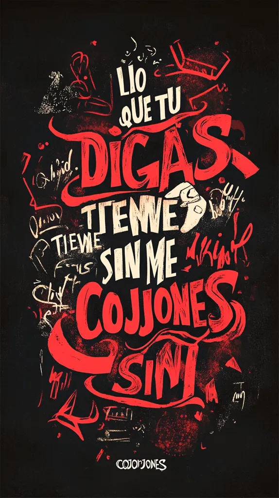 The image is a graphic design with the phrase "Lio que tu digas.  Tiene.  Tiene sin me.  Cojones.  Sin" written in large, bold, red lettering with a black background.  The text is handwritten and includes a few doodles around the words.  There are also some faded scribbles that are partially visible beneath the main text.  The design has a rough, edgy feel and the handwriting gives it a rebellious and confrontational tone.  The word "Cojones" is repeated at the bottom of the design in a smaller font.  The image appears to be a digital illustration.  It is unclear if the phrase is Spanish or Portuguese.