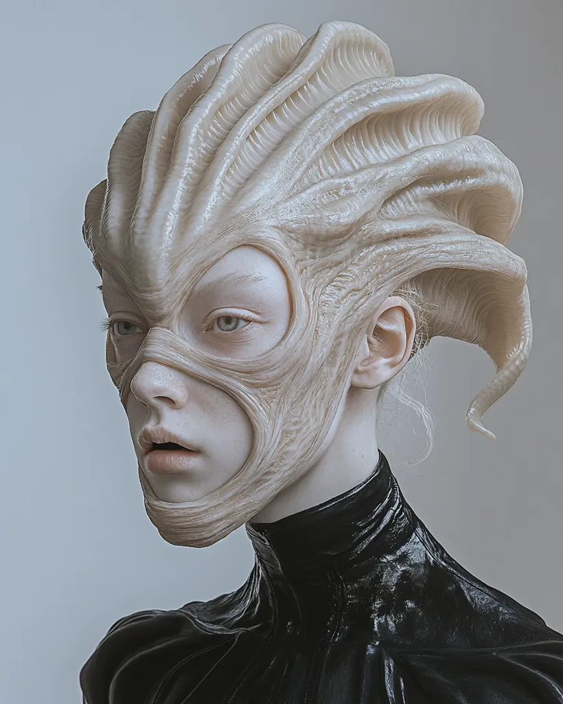The image features a person with pale skin and an elaborate, sculpted headpiece that resembles an alien or mythical creature. The headpiece covers the person's entire head, with a sculpted mask over their face. The person is wearing a black, sleek, and possibly leather garment that contrasts with the pale headpiece. The background is a plain white, providing a minimalist backdrop for the subject. The image gives off an eerie and futuristic vibe.