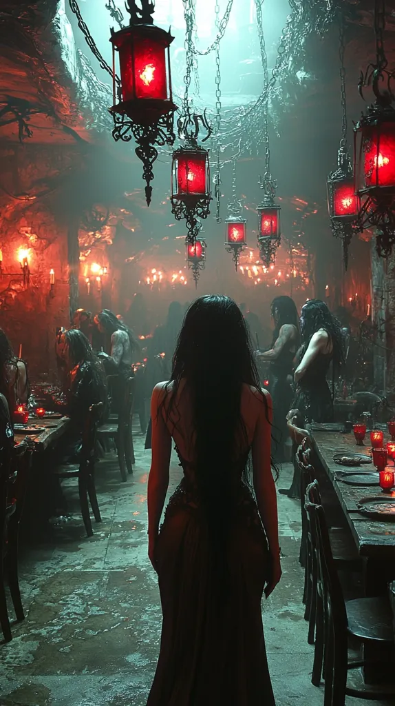 A woman in a long black dress walks away from a dimly lit, cavernous dining hall. The hall is filled with long tables and chairs, and several people are seated. Red lanterns hang from the ceiling on chains, casting an eerie glow. The woman's dark hair and dress blend into the shadows, creating a mysterious and slightly unsettling atmosphere.  The scene evokes a sense of otherworldly intrigue, perhaps a hidden gathering in a dark and magical realm.