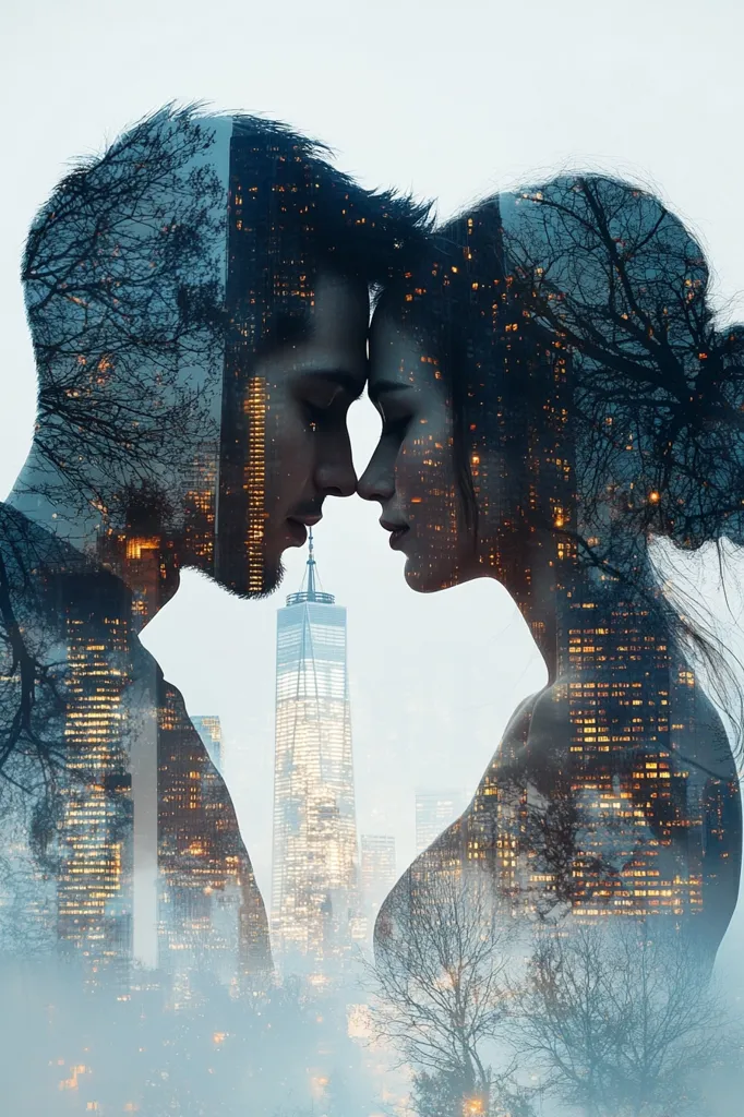 A double exposure photograph of a man and a woman's faces, with the cityscape of New York City superimposed on their profiles. The man is on the left, the woman on the right, and their foreheads are nearly touching. The city lights glow through their bodies, creating a dreamy and romantic atmosphere. The One World Trade Center is visible in the background, suggesting a sense of ambition and hope. The image evokes a sense of love and connection amidst the bustling city life.