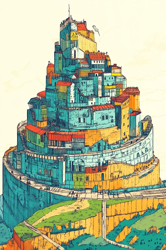 This is a colorful illustration of a spiraling city built on a cliff face. It is depicted in a cartoon style, with vibrant hues and intricate details. The city appears to be a continuous construction, with buildings stacked on top of each other, creating a vertical and winding urban landscape. The cliff face is depicted in warm tones, with a grassy patch at the base and winding roads leading to the city. There are figures walking along the roads, highlighting the human presence and activity within this unusual city. The overall impression is of a vibrant, bustling community with a unique and imaginative architecture.