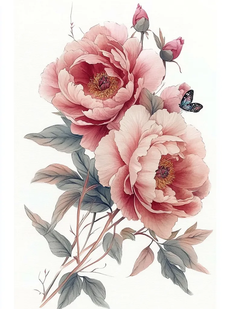 The image depicts a delicate watercolor painting of a bouquet of pink peonies. The flowers are in full bloom, with soft, layered petals and a subtle blush hue. Two of the flowers are fully open, while the others are still in bud form. Delicate, gray-green leaves provide a backdrop for the flowers. A delicate blue butterfly adds a touch of whimsy and completes the delicate beauty of the image.