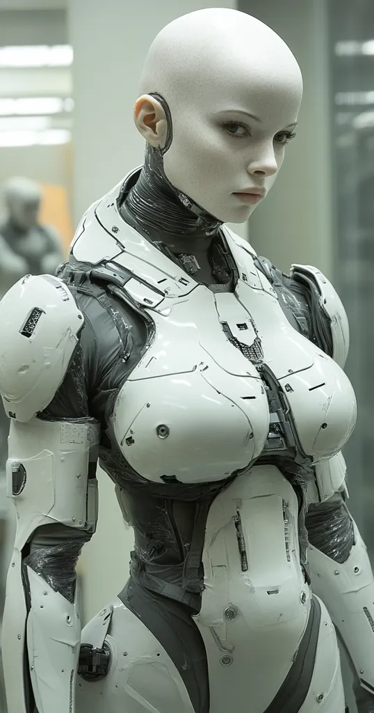 The image depicts a female android with a white, smooth, and featureless face. She is wearing a white and gray robotic suit with intricate detailing and visible mechanical joints. The android has a serious expression and appears to be posed in a standing position, suggesting a sense of strength and purpose. The background is blurred, emphasizing the subject and creating a sense of depth. The image has a futuristic and somewhat unsettling aesthetic, suggesting themes of technology and artificial intelligence.