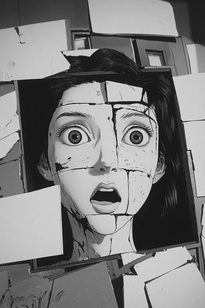 A black and white illustration of a woman's face, her features are distorted and cracked, as if she is made of broken pieces. She has a shocked expression with her mouth open in a silent scream. The background is a chaotic arrangement of overlapping rectangular shapes, giving the impression that the woman is trapped or fragmented.  The overall tone is dark and unsettling, with a sense of psychological distress.