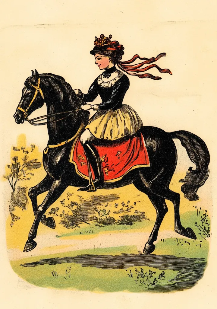 The image depicts a young woman in a crown and riding a black horse. She wears a black top with a yellow and red skirt and red ribbon in her hair. The horse is galloping through a grassy field with trees in the background. The image is likely from a children's book.  The artwork is in a traditional, illustrative style, with bold outlines and flat colors.