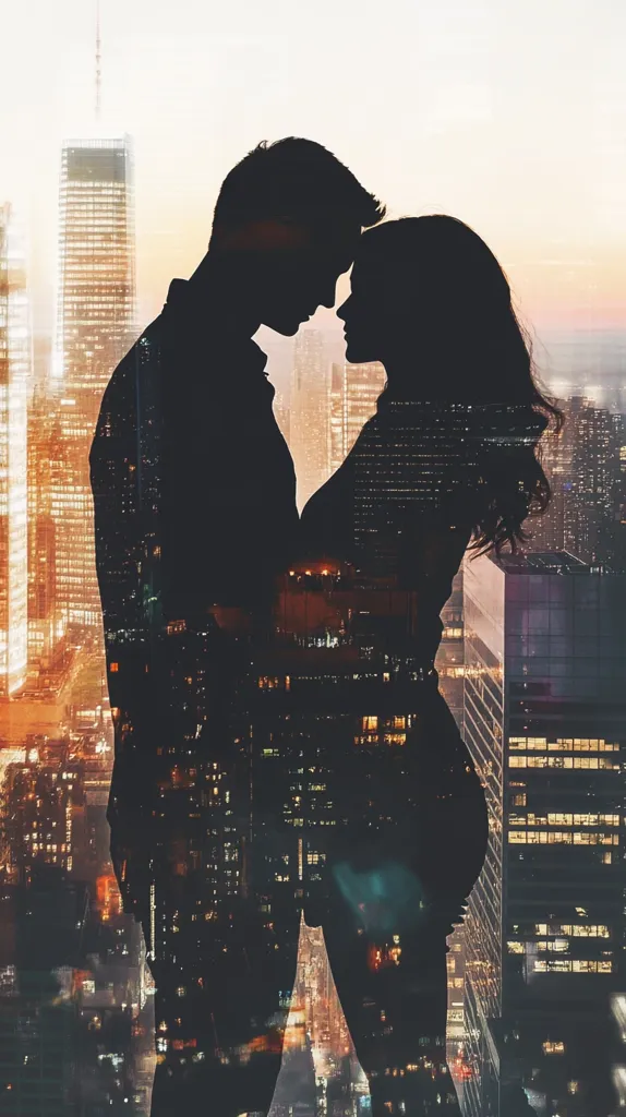 The image is a silhouette of a man and a woman embracing in front of a cityscape. The couple is in the foreground, their bodies forming a heart shape. The cityscape is in the background, with tall buildings and bright lights. The image is a romantic and evocative depiction of love in a modern city.