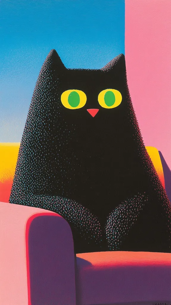 A black cat with large green eyes sits in a colorful armchair. The cat's fur is textured and appears to be made up of small dots. The background is a vibrant blue and pink, creating a striking contrast with the black cat. The overall effect is playful and whimsical.