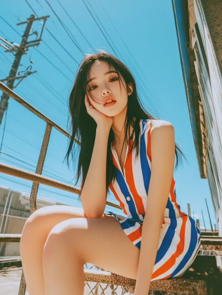 A young woman with long black hair sits on a metal railing with a bright blue sky behind her. She is wearing a sleeveless, red and blue striped dress. She looks off to the side with a thoughtful expression and has her hand on her chin. The image has a warm, summery feel.