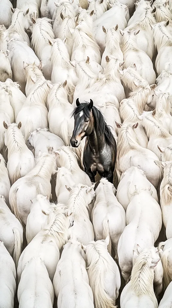 A lone black horse stands out amongst a dense crowd of white horses. The black horse is in the center of the image, surrounded by a sea of white. The horses are all facing different directions, creating a chaotic yet beautiful scene. The contrast between the black and white horses is striking, highlighting the uniqueness of the black horse. The image is a powerful reminder of the importance of individuality in a world that often seeks conformity.