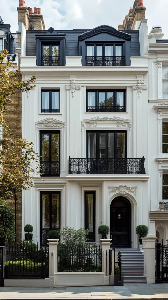 A stately white townhouse with black windows and a black door. The house is adorned with intricate details and has a balcony on the second floor. The house is flanked by other buildings and sits behind a black wrought iron fence. Greenery adds a touch of color to the scene. The house is located on a cobblestone street.