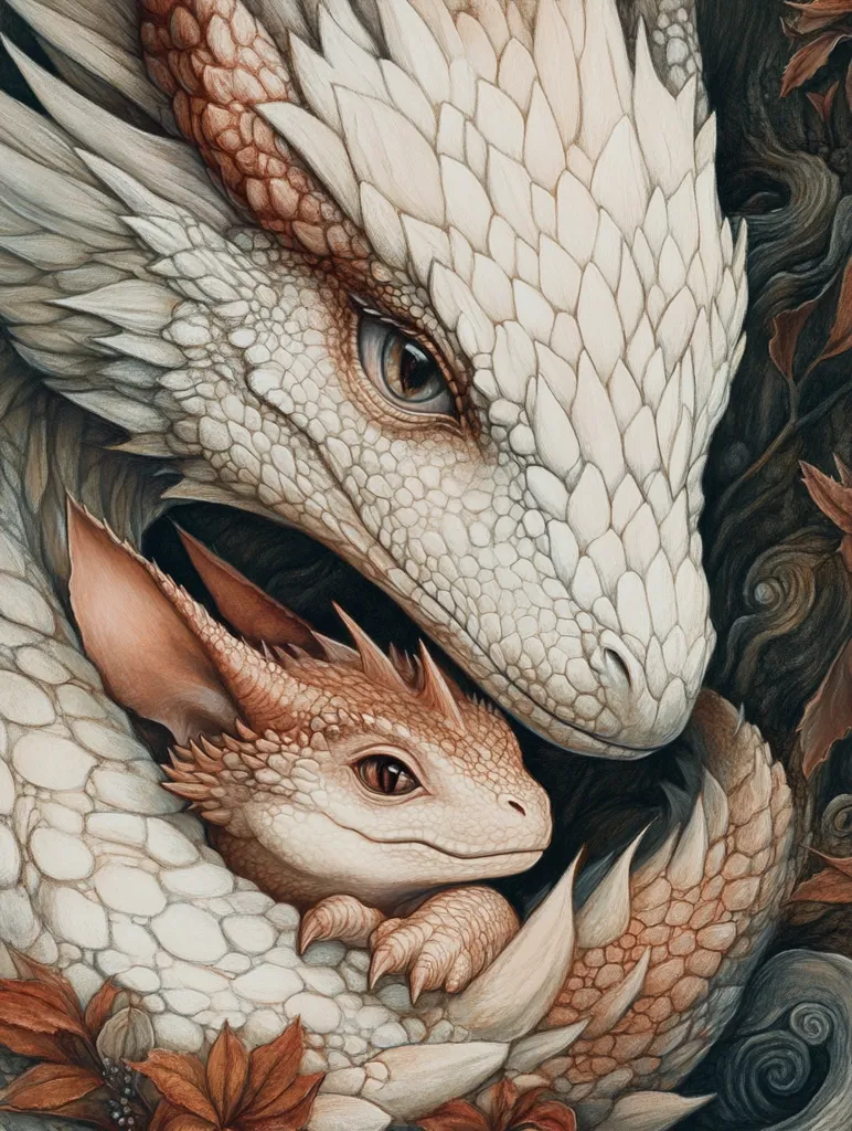 A large, white dragon with intricate scales and a warm brown eye cradles a smaller, brown dragon in its arms. The smaller dragon has large, brown eyes and a gentle expression. The image is rendered in a realistic style, with fine details and soft shading. The background is a dark, shadowy forest with autumn leaves. The scene evokes a sense of protection and nurturing, highlighting the bond between the two dragons.