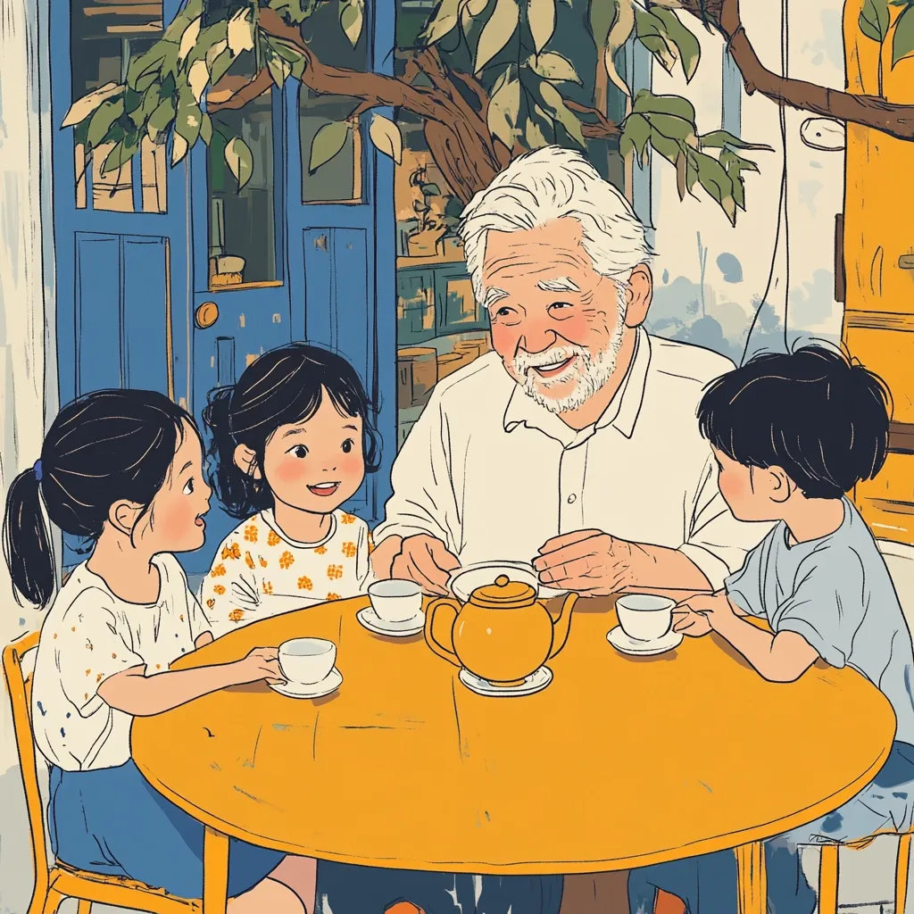 An elderly man with a white beard sits at a table with three children, two girls and a boy. They are all smiling and enjoying their tea time.  The setting is a casual home, with a leafy tree overhead.  The warmth and joy of the scene are evident.