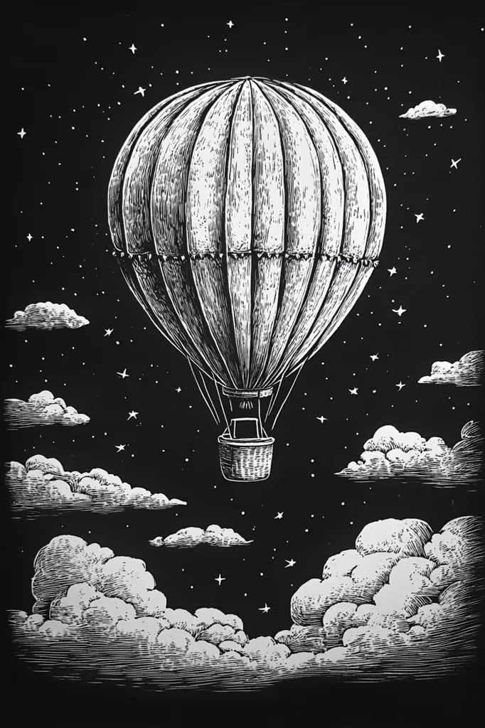 The image is a black and white illustration of a hot air balloon floating in the night sky. The balloon is depicted in detail, with its basket and ropes, while the clouds are drawn in a more stylized manner.  The sky is dotted with small, white stars, adding to the magical and whimsical feel of the image. The overall tone is serene and tranquil, suggesting a sense of adventure and freedom.