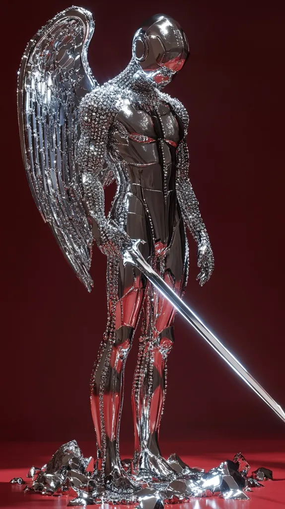 The image depicts a metallic figure with a single silver wing, standing on a red background. The figure is adorned with a silver sword, its head obscured by a helmet. The figure appears to be dissolving, with metallic shards spreading around it. The image creates a futuristic and ethereal aesthetic.