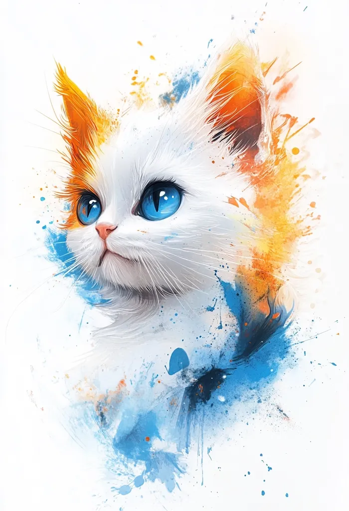 The image is a painting of a white cat with orange fur on its ears. It has large, bright blue eyes and is looking to the side. The background is a splatter of blue and orange paint. The cat is depicted in a whimsical, abstract style. The image is full of color and movement, and the cat is the central focus.