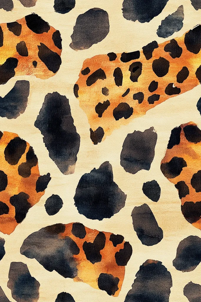 The image shows a watercolor painting of a leopard print pattern. The background is a pale beige color, and the spots are a mix of dark brown, orange, and black. The spots are irregular in shape and size, creating a dynamic and organic feel. The painting has a textured, brushstroke quality that gives it a hand-painted look. The colors are muted and earthy, creating a warm and inviting feel.