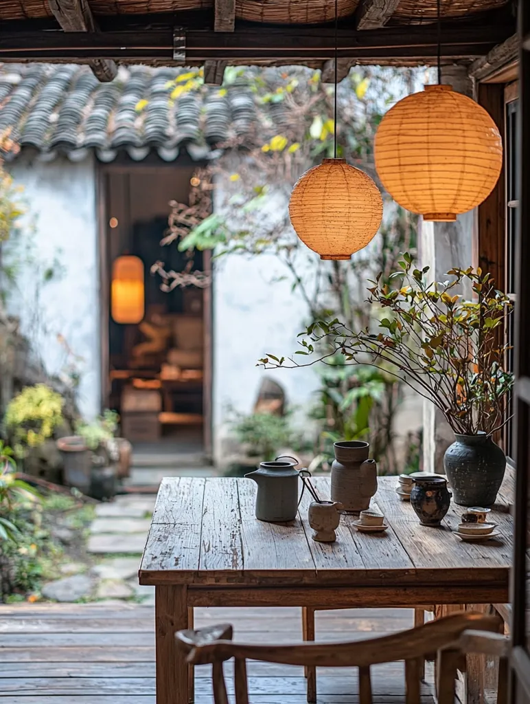 A rustic wooden table sits on a patio, with two lanterns hanging from the ceiling. The lanterns are made of paper and have a warm, inviting glow. The table is set with a teapot and cups, suggesting a place for tea and conversation. Greenery and potted plants add a touch of nature to the scene. The background features a traditional Chinese house with a doorway leading to a small garden. The overall atmosphere is calm and serene, inviting relaxation and reflection.
