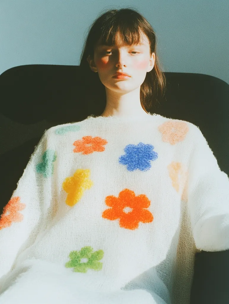 A young woman with long brown hair and bangs sits in a chair, wearing a white sweater adorned with colorful, fuzzy flower appliques. The sweater is soft and textured, and the flowers add a whimsical touch. The woman's expression is neutral, her gaze directed forward. The light in the image is soft and warm, creating a dreamy atmosphere.