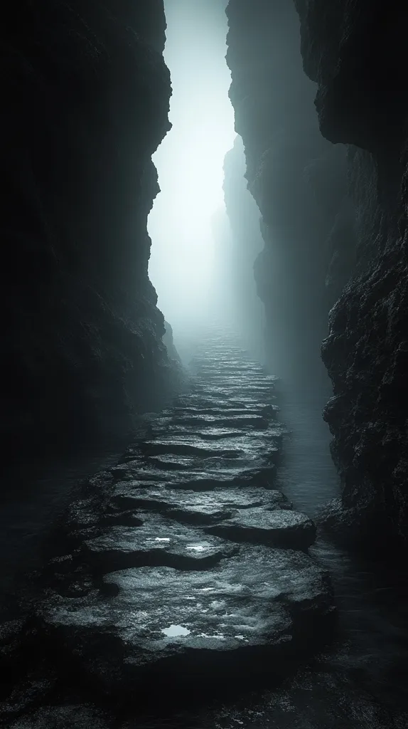 A narrow, rocky path leads through a misty, shadowy canyon. The path is made of rough, uneven stones, and the walls of the canyon are dark and forbidding. A faint light shines through the mist at the end of the path, offering a glimmer of hope in the otherwise ominous scene.