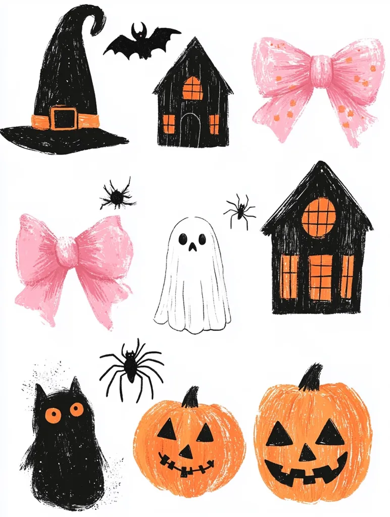 The image is a collection of Halloween-themed illustrations. There are two black houses with orange windows, a witch's hat, a ghost, a black cat, two jack-o-lanterns, two pink bows, and three spiders. The illustrations are drawn in a simple, childlike style with black outlines and bright colors.