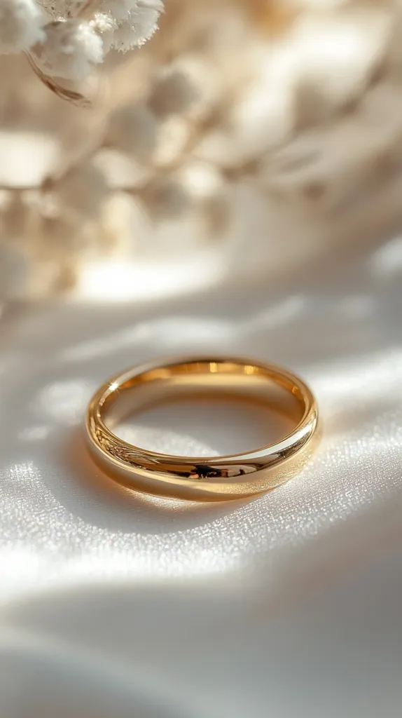 A simple, smooth gold band ring lays on a white, soft fabric. The ring is shiny and polished, reflecting the light.  The background is blurry, with delicate white flowers out of focus. The image has a soft, elegant feel.