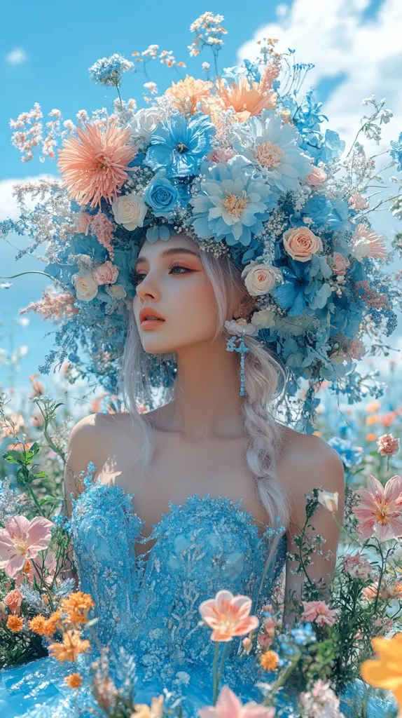 A woman with long white hair wears a stunning blue gown adorned with delicate embellishments.  She is surrounded by a field of vibrant flowers, with a crown of blue and white blossoms resting upon her head. Her gaze is distant, suggesting a sense of wistful wonder. The image evokes a feeling of ethereal beauty and soft romance.