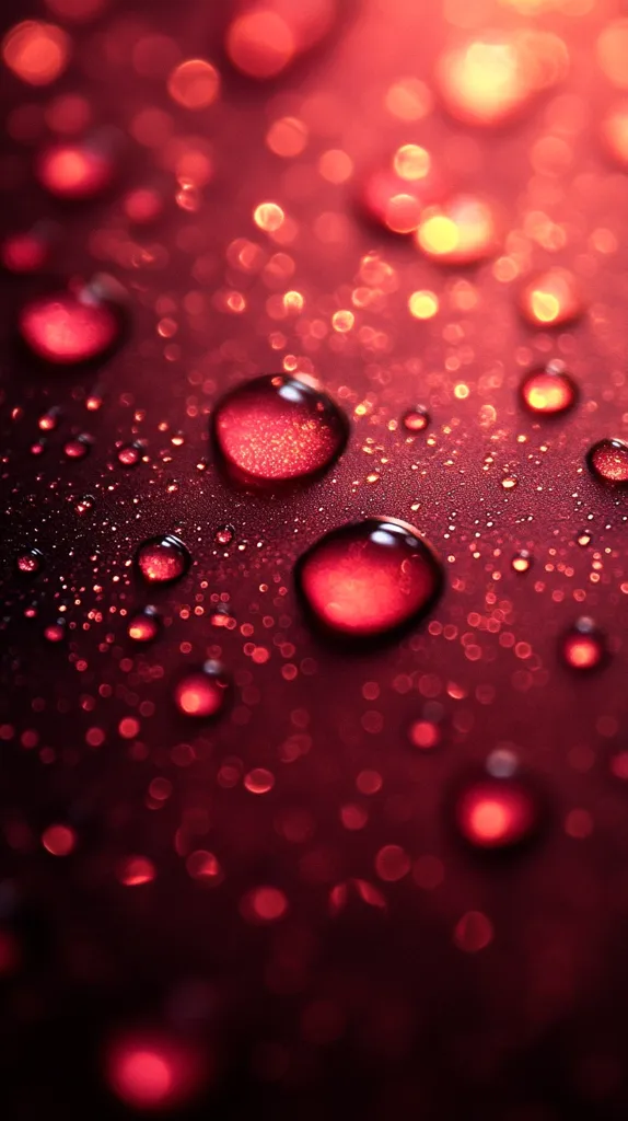The image is a close-up shot of water droplets on a red surface. The droplets are various sizes and some are out of focus. There are also out-of-focus red and orange circles throughout the image. The surface is a rich, dark red that makes the water droplets stand out. The image is blurry and ethereal, creating a romantic and dreamy mood.