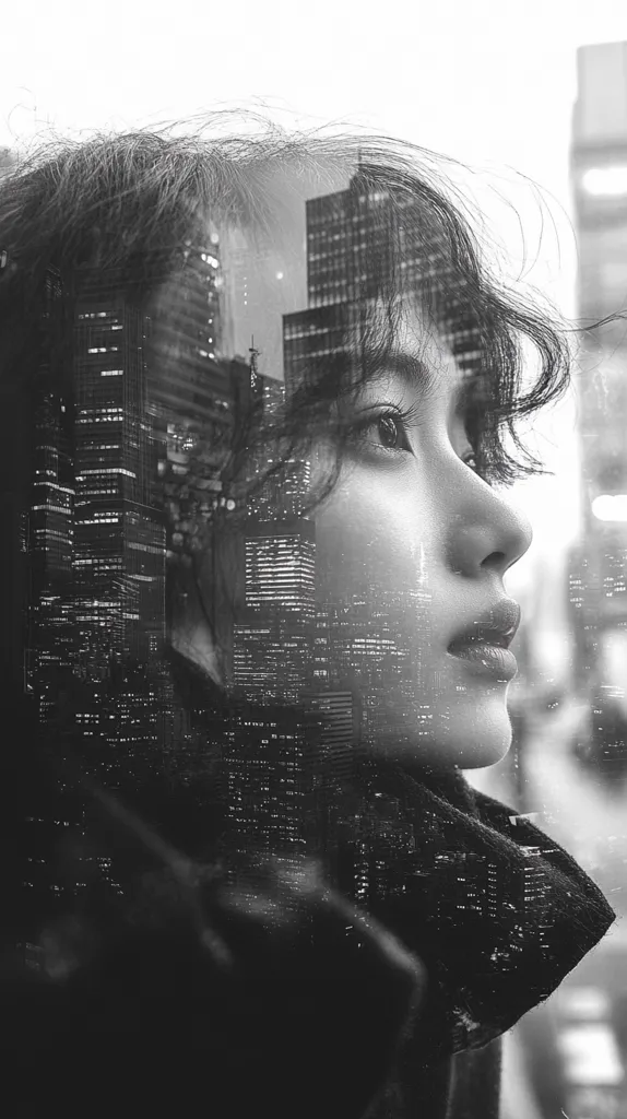 The image is a black and white portrait of a woman with long dark hair.  She is looking off to the side with a thoughtful expression.  Her face is partially obscured by a cityscape, creating a surreal and dreamlike effect.  The image suggests a sense of longing and isolation.