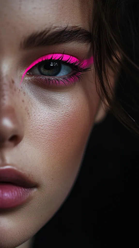 The image shows a close-up of a woman's face, her eye accentuated with bold pink eyeshadow and eyeliner. Her skin is smooth and fair, with a few freckles visible. Her lips are slightly parted, revealing a hint of pink lipstick. The background is a dark, blurred shadow, highlighting the vibrant makeup. The image focuses on the detail of the woman's eye and makeup, creating a dramatic and alluring portrait.