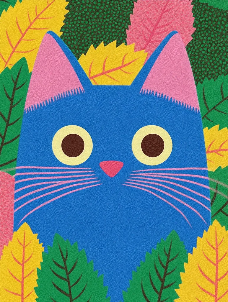 The image is of a blue cat with pink ears, nose, and whiskers. The cat's face is large and centered, and its eyes are wide and round. The cat is surrounded by green, yellow, and pink leaves. The cat appears to be looking directly at the viewer, creating a playful and friendly feel. The image is a simple, colorful illustration.