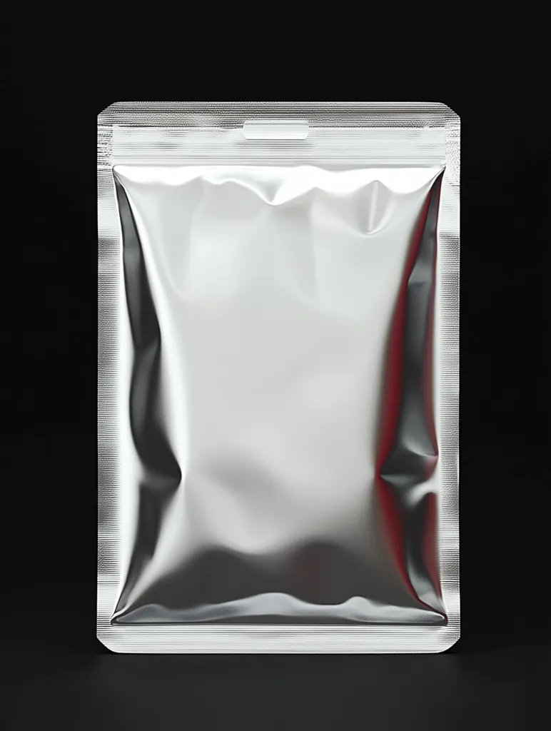 The image shows a silver foil pouch bag with a zip-lock closure. The bag is standing upright on a black surface and is empty. It is made of a shiny, metallic material with a slightly wrinkled appearance. The bag is designed to hold and seal various products, such as food, coffee, or other items. It is a common packaging material used for its protective and aesthetic properties.