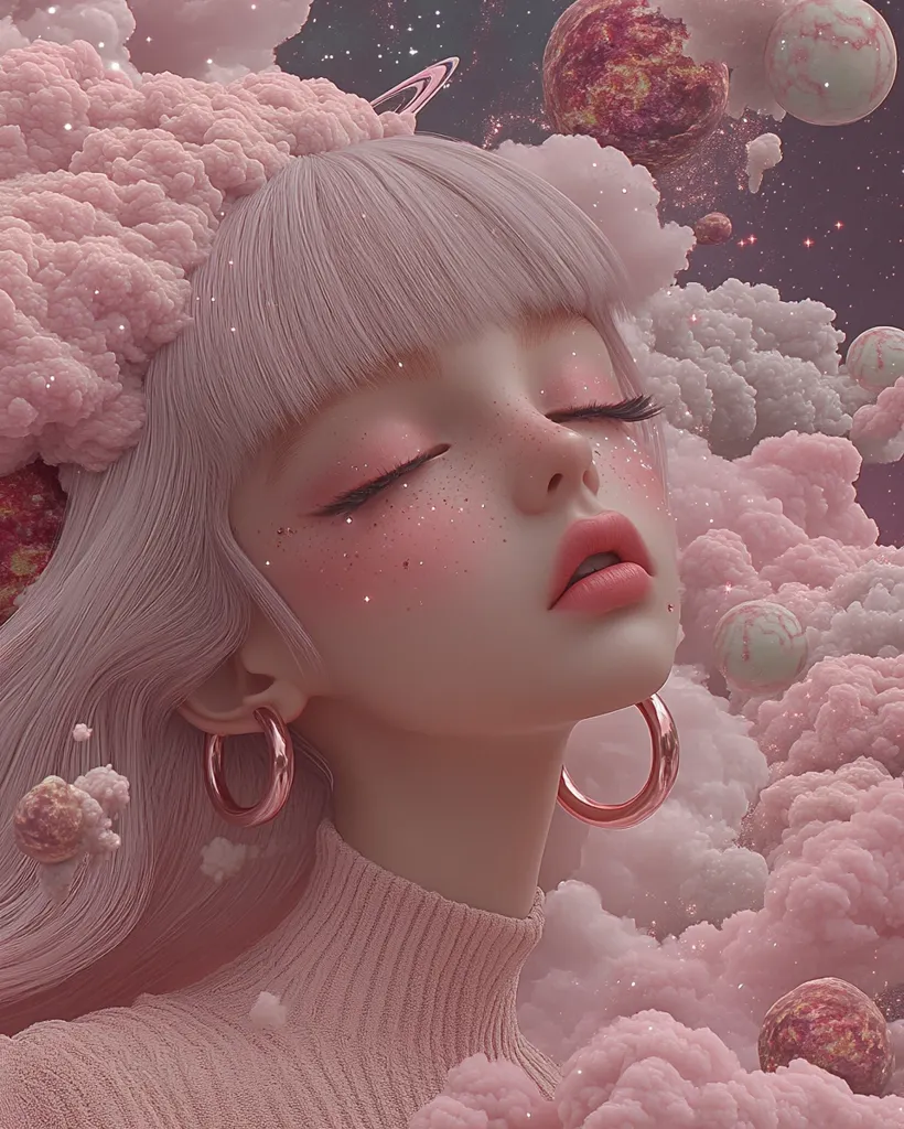 The image depicts a young woman with long pink hair and closed eyes, surrounded by fluffy pink clouds and celestial objects. She is wearing a pink sweater and large hoop earrings. The background is a dreamy and ethereal space filled with stars and planets. The overall impression is one of tranquility and beauty. The soft lighting and pastel colors create a sense of calmness and serenity.  The image evokes a sense of wonder and escapism.