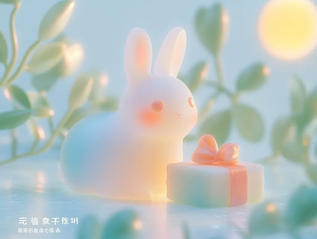 A soft, white bunny sits beside a small, pastel-colored gift box. The bunny has rosy cheeks and long, floppy ears. The scene is bathed in a gentle light, with a soft blur of green foliage surrounding the figures. The overall image is calming and whimsical, evoking a sense of sweetness and innocence.