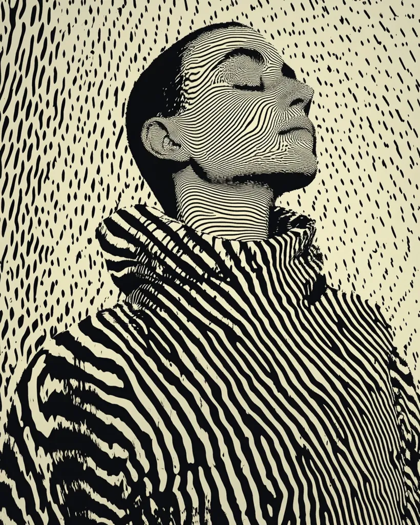 The image is a black and white illustration of a person's face and torso. The face is turned upwards with eyes closed, and the person's body is covered in a striped pattern that resembles a zebra print. The background is a pattern of small black dots on a light background. The image is stylized and abstract, creating a sense of depth and texture.